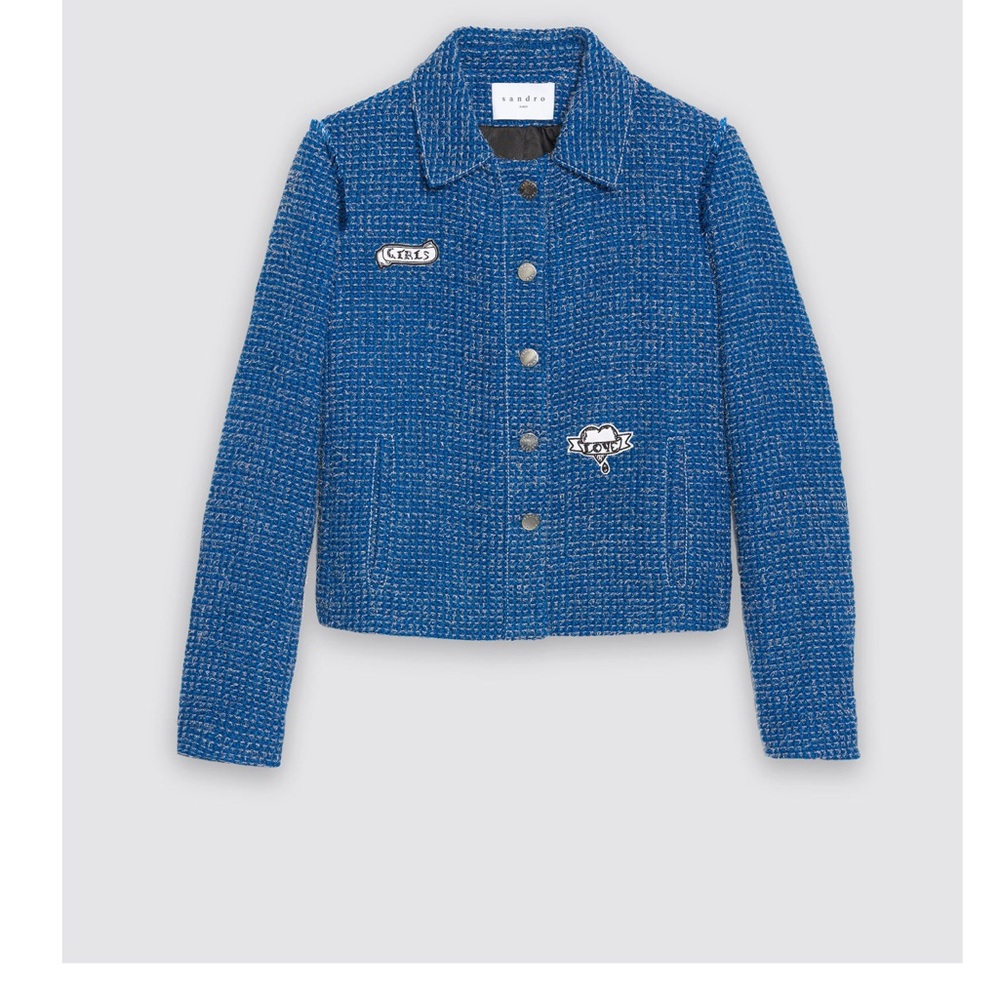Sandro Paris Blue Tweed Jacket with Patches